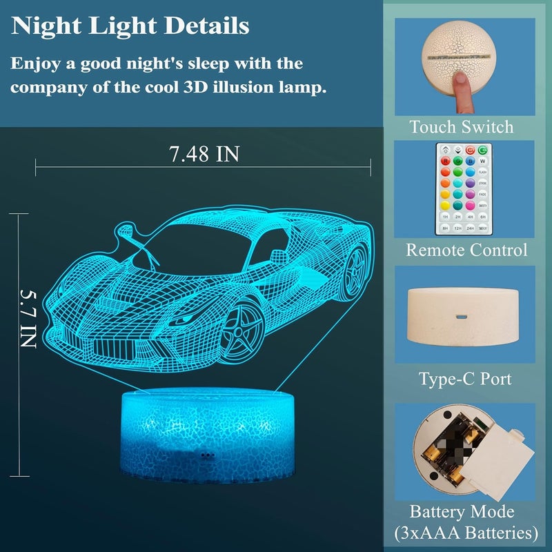 Posshe Car Gifts for Men, Racing Vehicle Night Light with Remote Control, 16 Colors Changing, Timer, RGB Flashing Mode and Dimmable, Cool Gifts for Boys Christmas Decor - Image 5